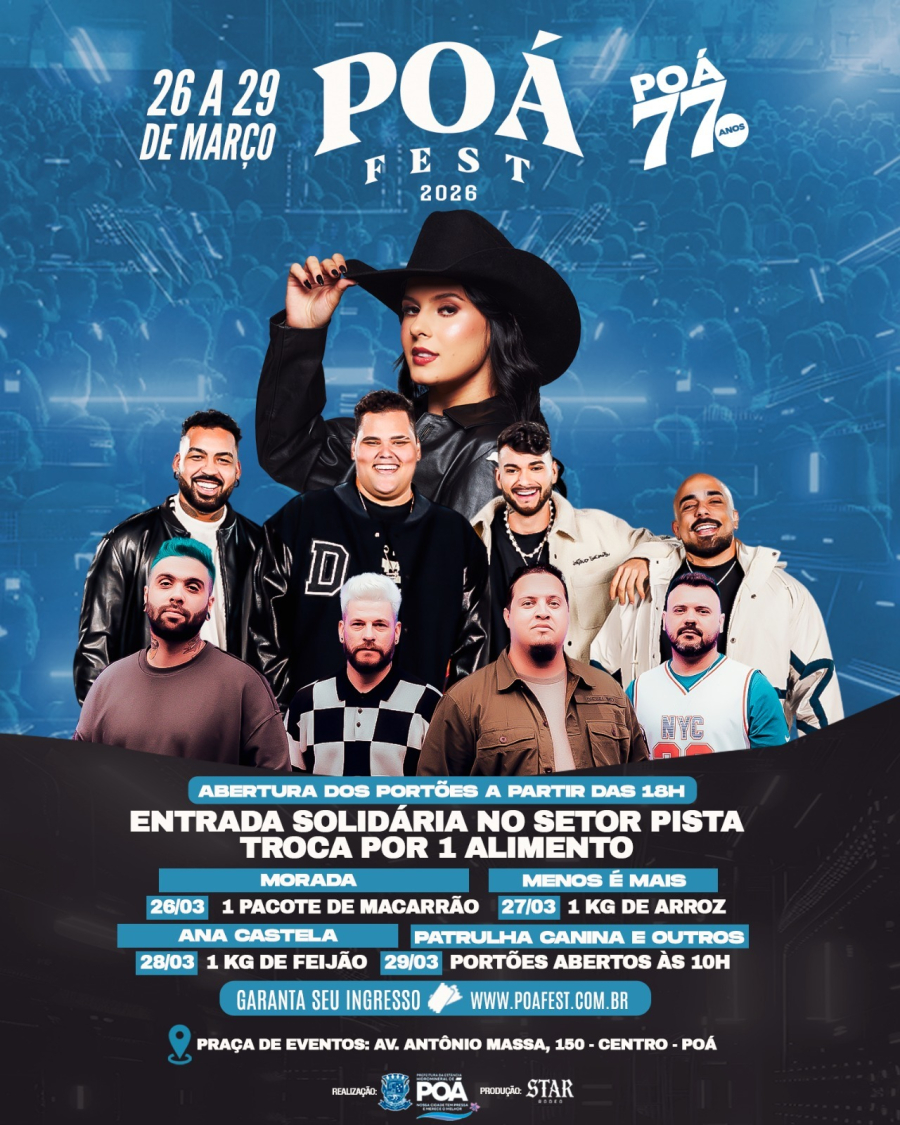 Programação dos 77 anos de Poá começa nesta quinta com desfile, bolo de aniversário e abertura do Poá Fest 2026