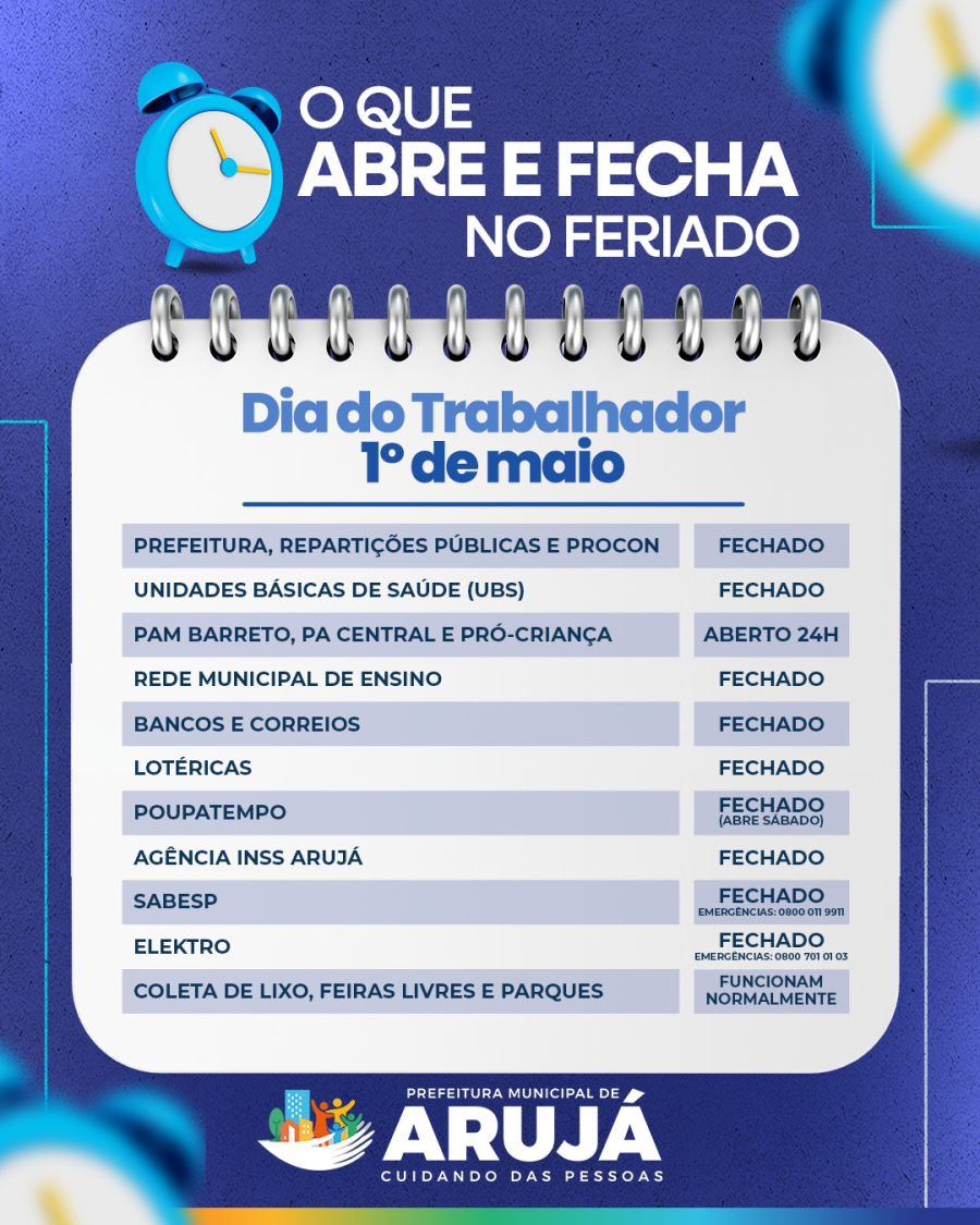Arujá mantém serviços essenciais durante feriado do Dia do Trabalhador