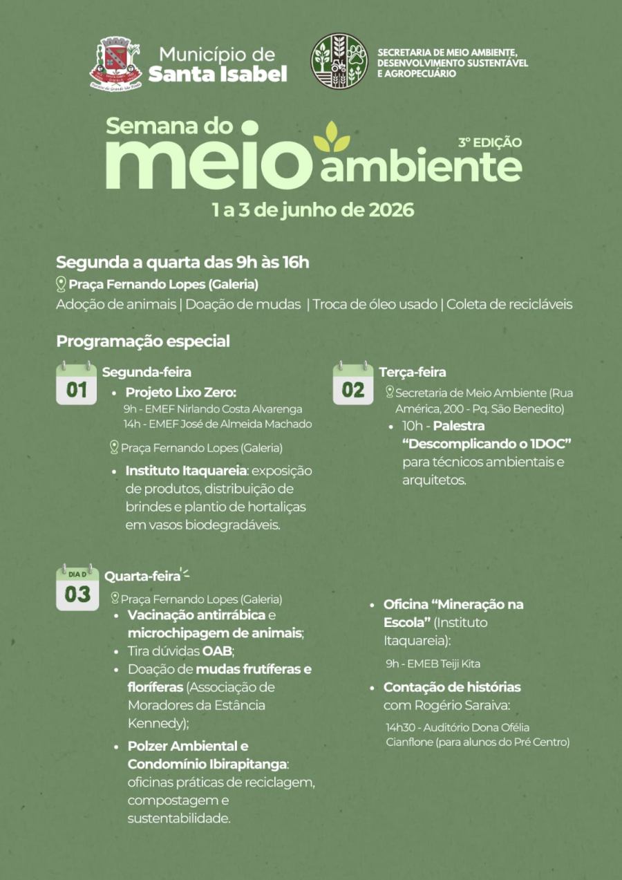 Santa Isabel realiza 3ª Semana do Meio Ambiente entre os dias 1 e 3 de junho