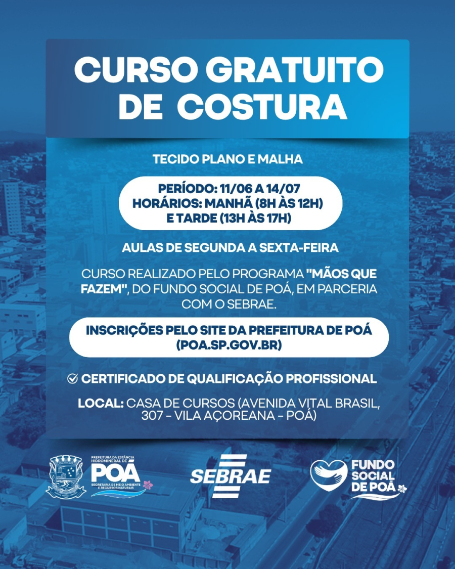 Prefeitura de Poá abre inscrições para curso gratuito de costura em parceria com o Sebrae
