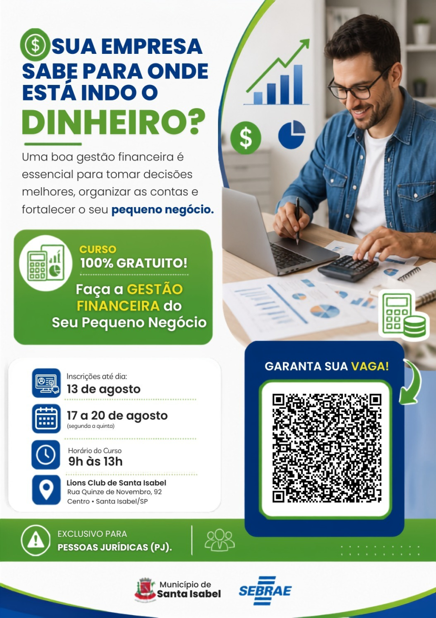 Prefeitura de Santa Isabel abre inscrições para curso gratuito de Gestão Financeira para pequenos negócios